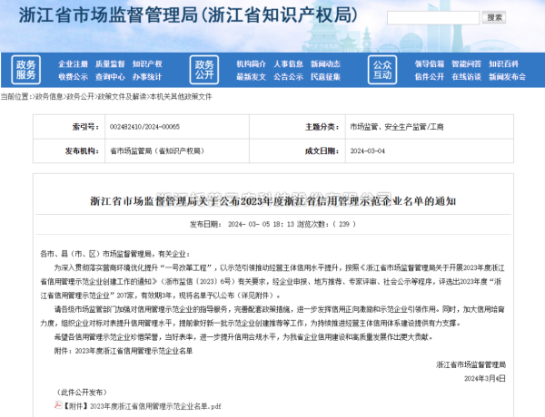 91视频网址入口入选2023年度浙江省信用管理示范企业名单